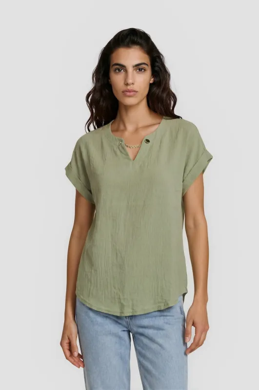 Short Sleeve Chain Neck Top - Olive made by Fairweather