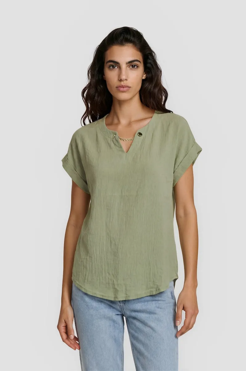 Short Sleeve Chain Neck Top - Olive sold by Fairweather