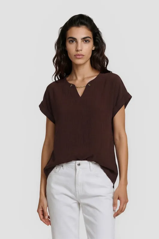 Short Sleeve Chain Neck Top - Brown made by Fairweather