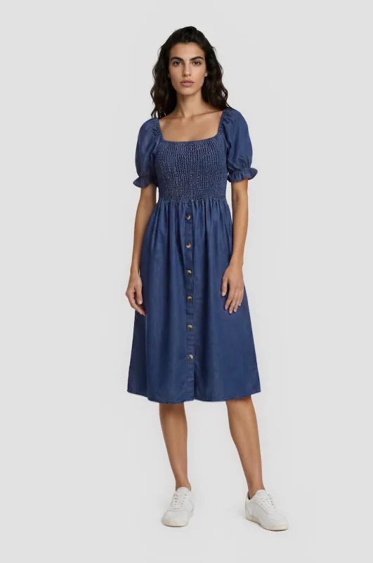 Puff Sleeve Smocked Dress - Navy made by Fairweather
