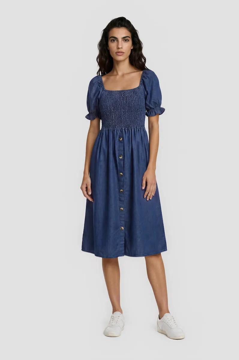 Puff Sleeve Smocked Dress - Navy sold by Fairweather