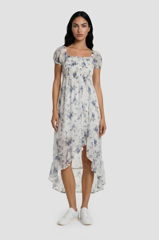 Puff Sleeve Printed Chiffon Dress - Blue made by Fairweather