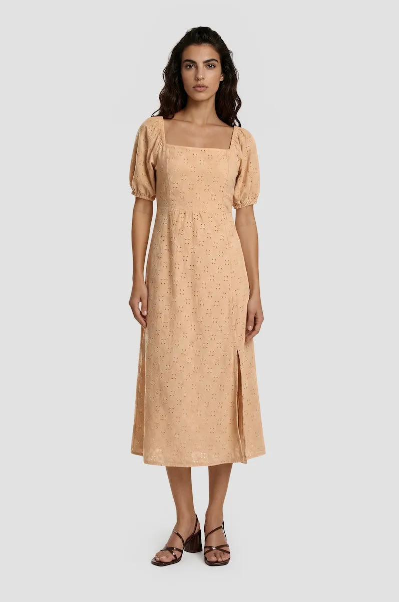 Puff Sleeve Smock Midi Dress - Peach sold by Fairweather