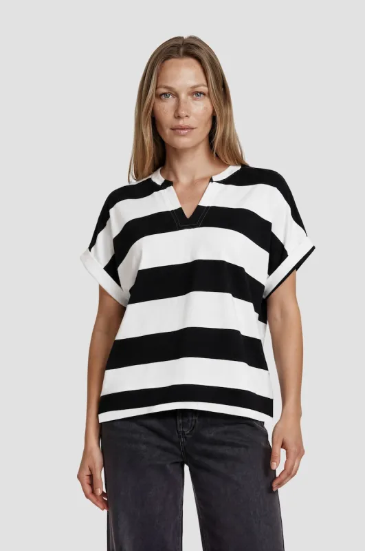 V-Neck Short Sleeve Striped Top - Black made by Fairweather