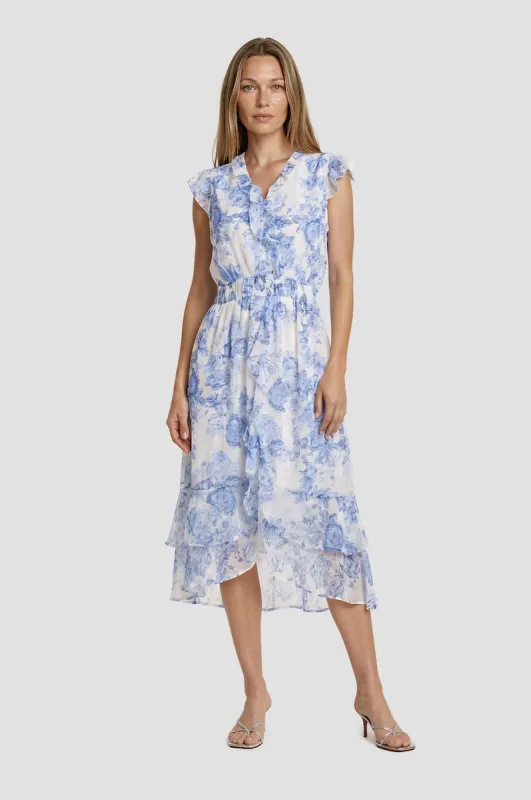 Frill Sleeve Printed Tiered Dress - Blue made by Fairweather