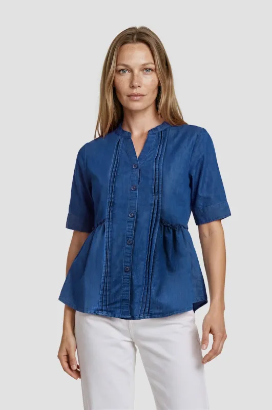 Half Sleeve Pleated Button Down Shirt - Blue made by Fairweather