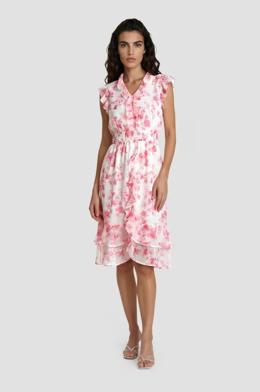 Frill Sleeve Printed Tiered Dress - Pink made by Fairweather