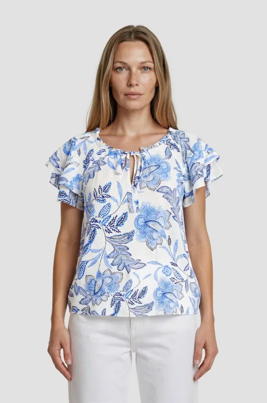 Printed Ruffle Sleeve Top - Blue made by Fairweather