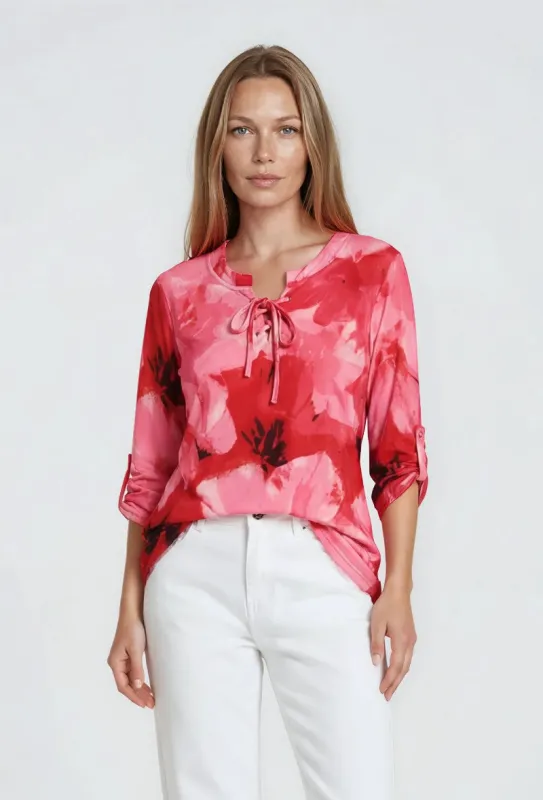 Printed Lace Up Blouse - Pink made by Fairweather