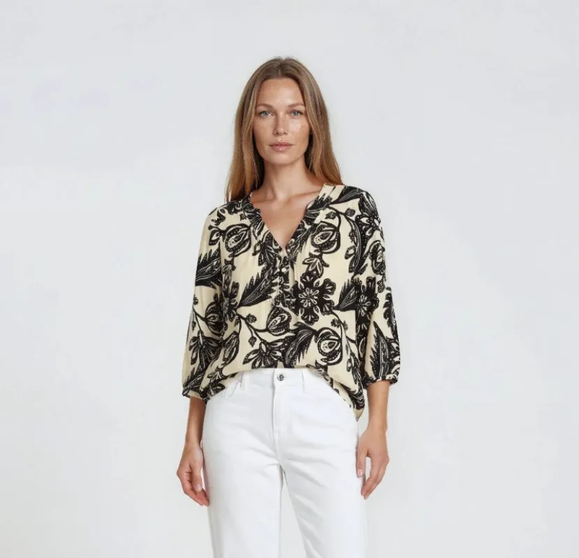 Printed Pleated Tunic - Cream made by Fairweather