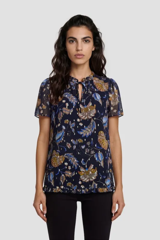Short Sleeve Ruffle Neckline Top - Blue made by Fairweather