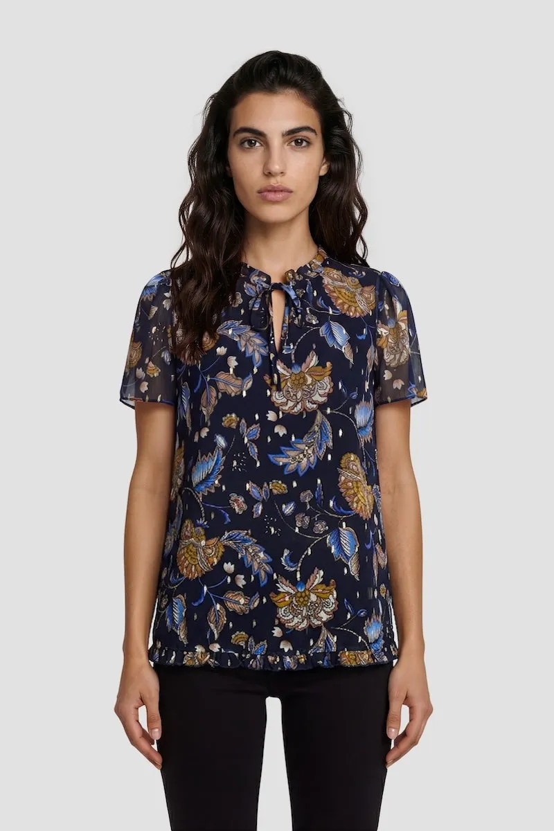 Short Sleeve Ruffle Neckline Top - Navy sold by Fairweather