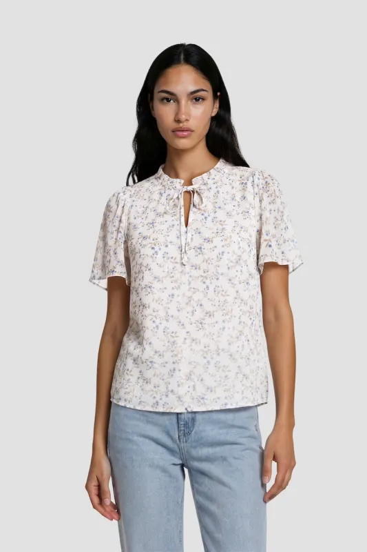 Short Sleeve Ruffle Neckline Top - White made by Fairweather