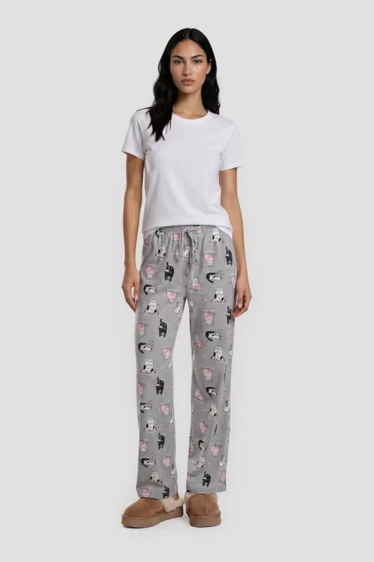 Cat Print Long Pajama Pants - Grey made by Fairweather