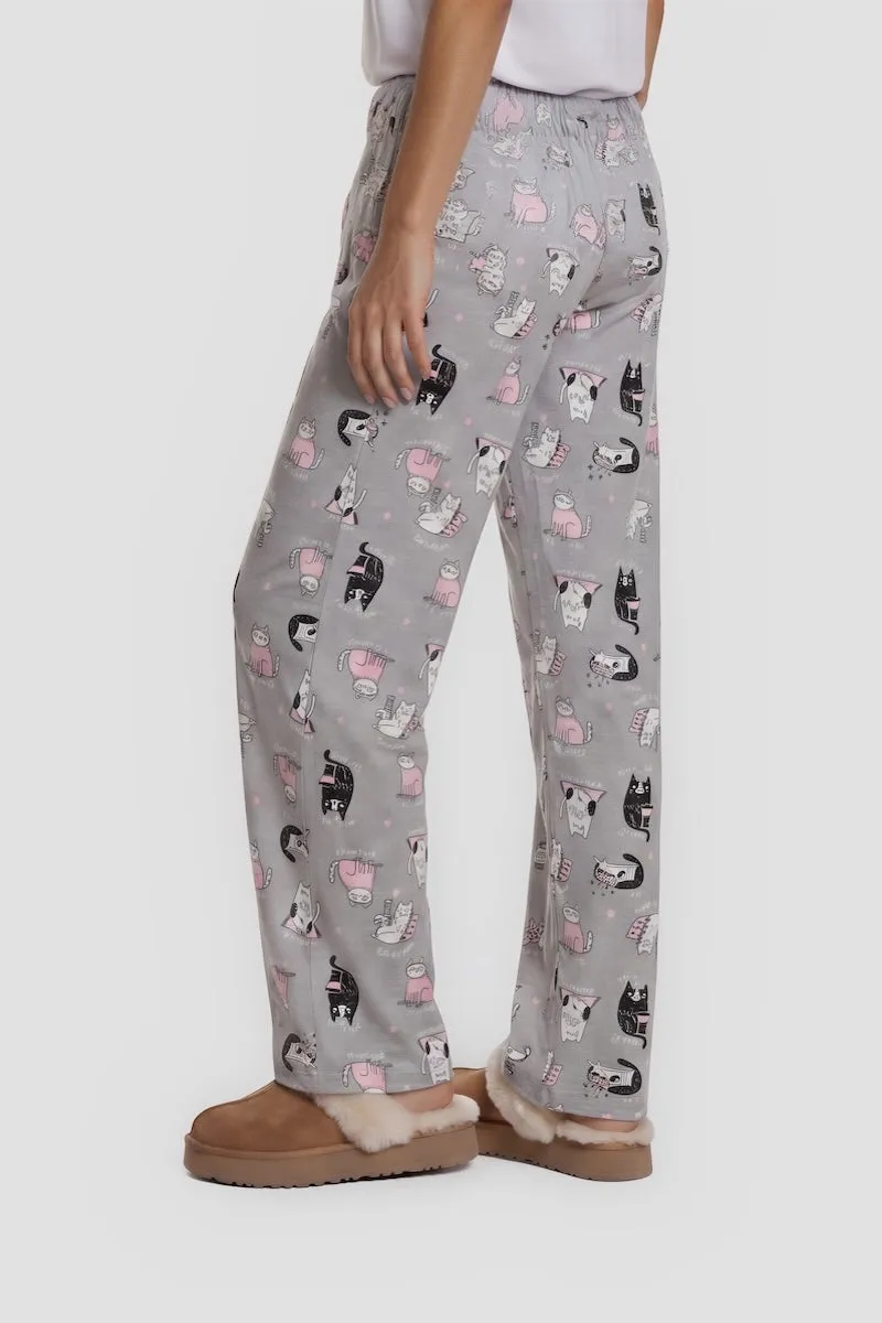 Cat Print Long Pajama Pants - Grey sold by Fairweather product image thumbnail 2