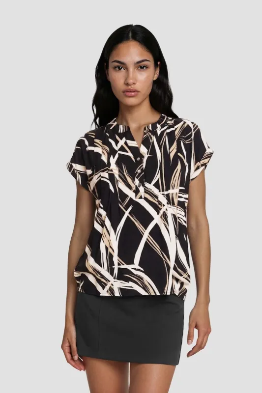 Short Sleeve Half Button-Up Top - Black made by Fairweather