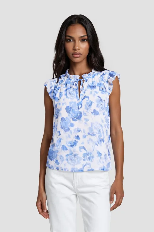 Ruffle Neck Cap Sleeve Shirt - Blue made by Fairweather