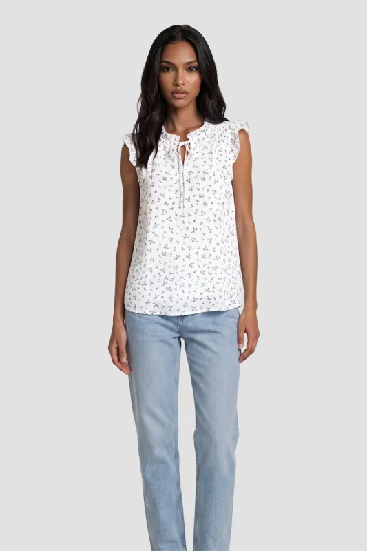 Ruffle Neck Cap Sleeve Shirt - White made by Fairweather