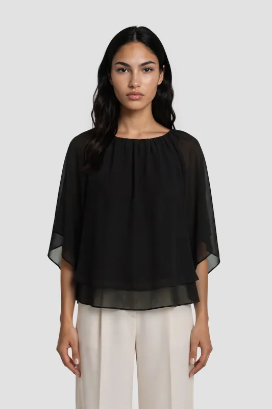 Flutter Sleeve Boat Neck Top - Black made by Costa Blanca