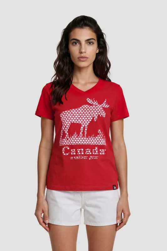 V Neck Short Sleeve Printed Tee - Red made by Fairweather