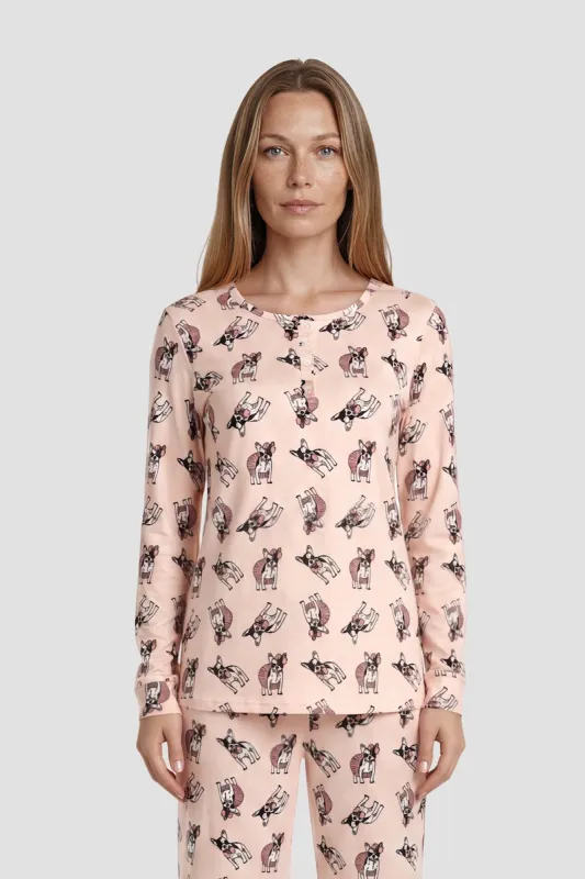 Long Sleeve Dog Print Henley Pajama Top - Pink made by Fairweather