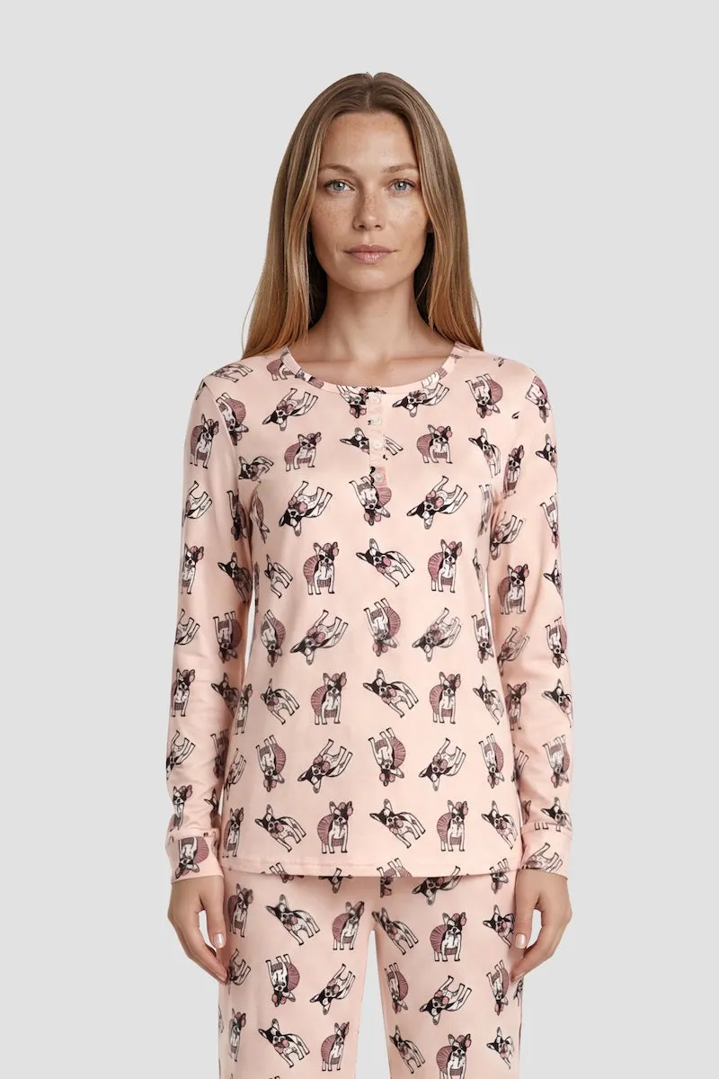 Long Sleeve Dog Print Henley Pajama Top - Pink sold by Fairweather