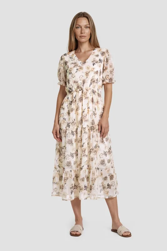 V Neck Flower Print Midi Dress - Taupe made by Fairweather