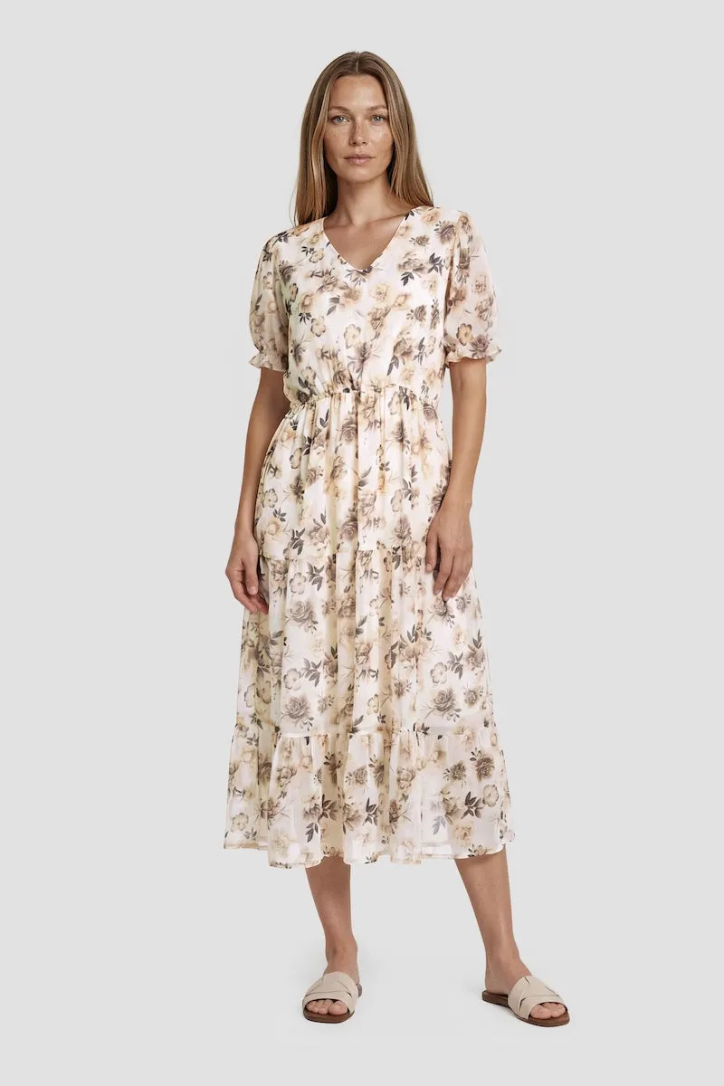 V Neck Flower Print Midi Dress - Taupe sold by Fairweather