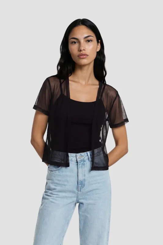Short Sleeve Open Mesh Cardigan - Black made by Fairweather