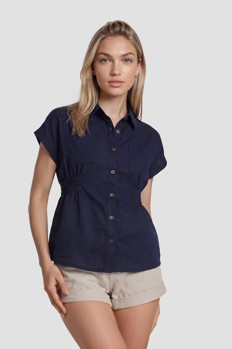 Cinched Waist Button Up Shirt - Navy sold by Fairweather