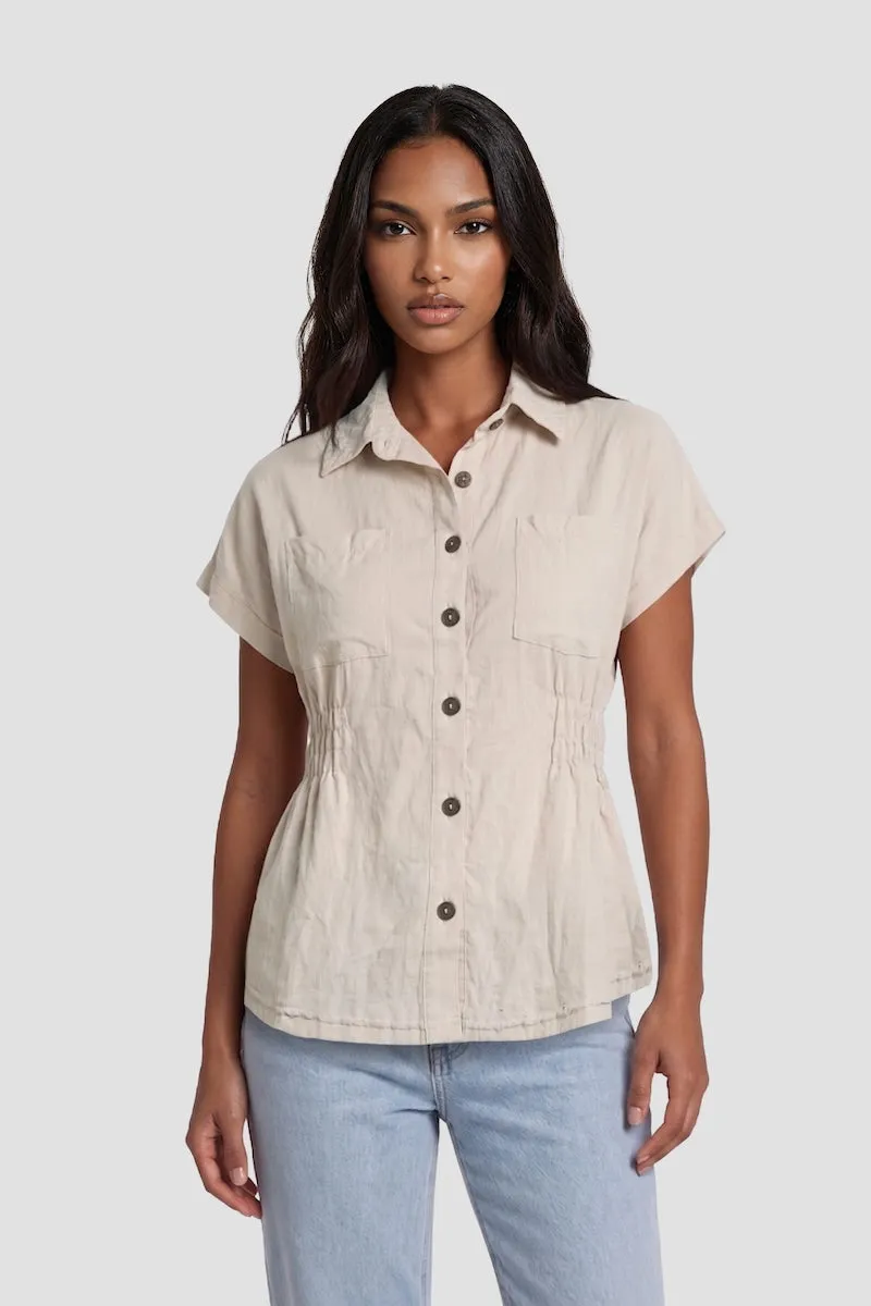 Cinched Waist Button Up Shirt - Taupe sold by Fairweather