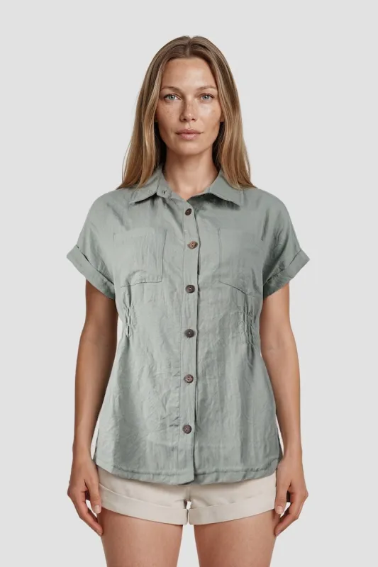 Cinched Waist Button Up Shirt - Green made by Fairweather