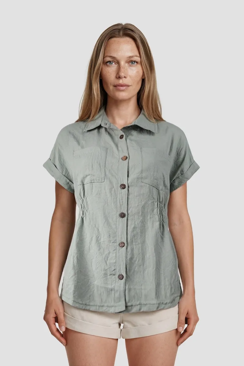 Cinched Waist Button Up Shirt - Green sold by Fairweather