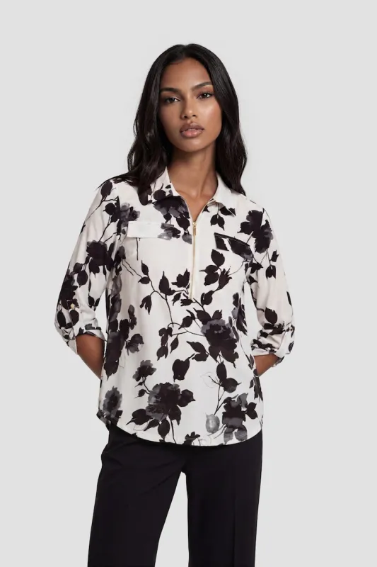 Flower Print Zip-Up Shirt - White made by Fairweather