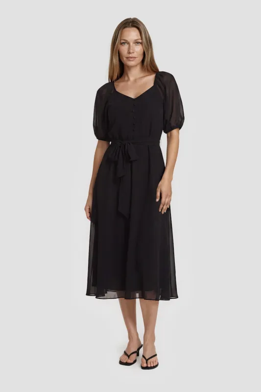 Puff Sleeve Tie-Up Midi Dress - Black made by Costa Blanca
