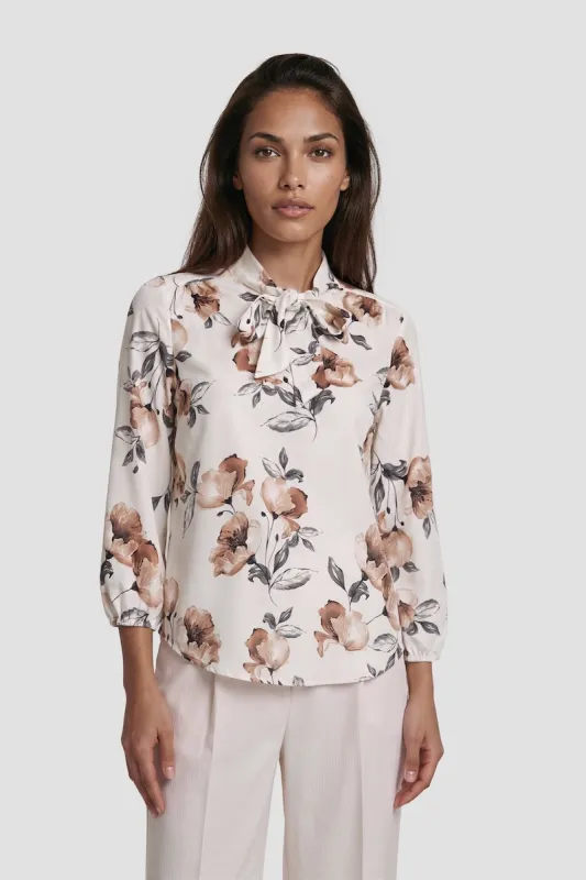 Long Sleeve Flower Print Bow-Tie Shirt - Beige made by Fairweather