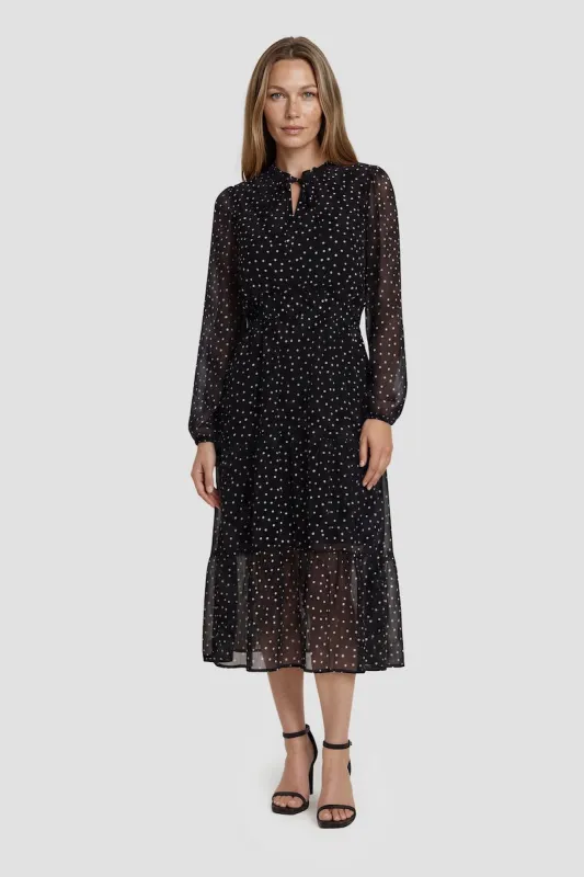 Long Sleeve Tie Up Neckline Midi Dress - Black made by Fairweather