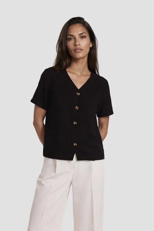 Short Sleeve Button Down V-Neck Shirt - Black made by Fairweather