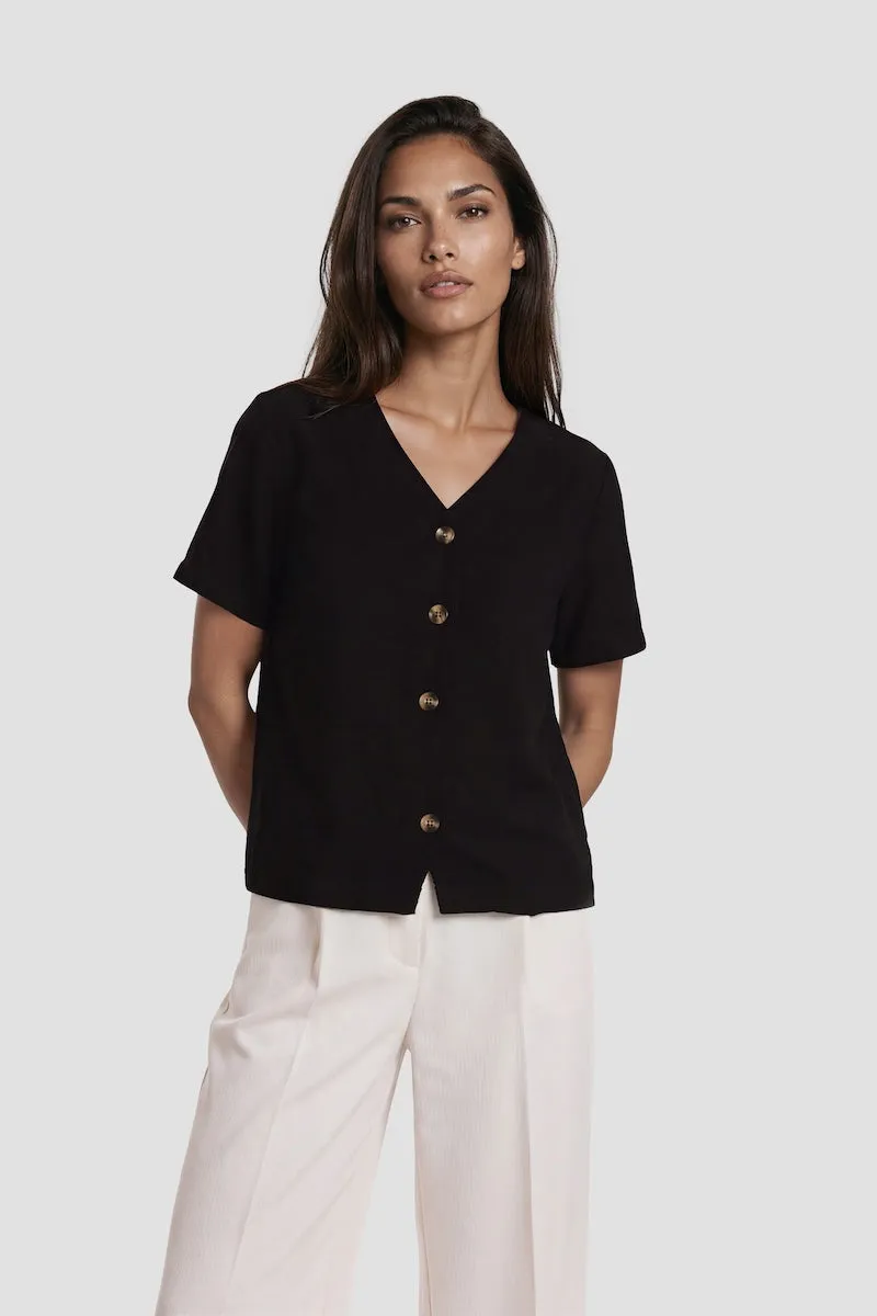 Short Sleeve Button Down V-Neck Shirt - Black sold by Fairweather
