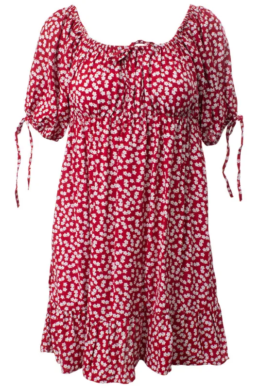 Floral Tie Sleeve Tiered Day Dress - Red sold by Fairweather
