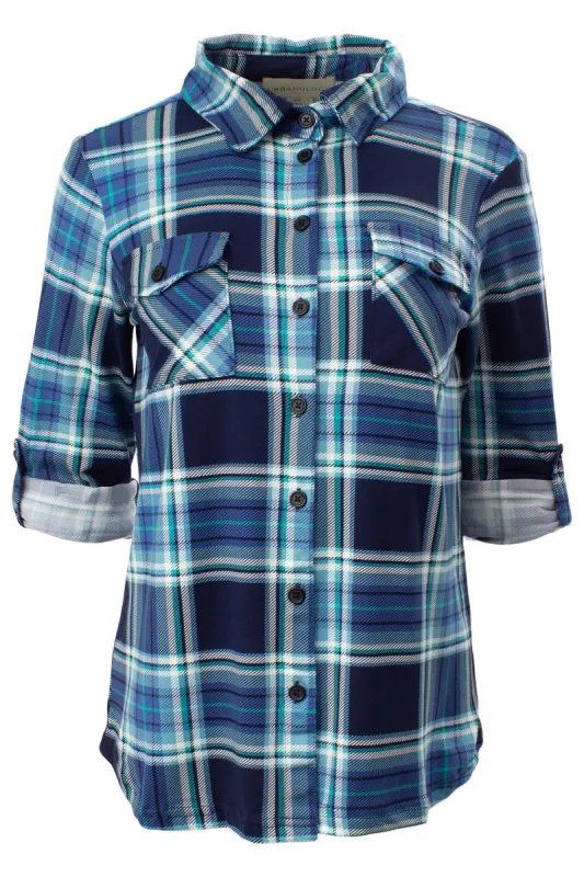 Plaid Printed Roll Up Sleeve Shirt - Blue sold by Fairweather