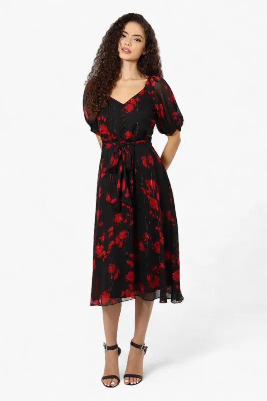 Limite Floral Puff Sleeve Belted Midi Dress - Black sold by Fairweather
