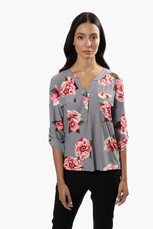 International INC Company Floral Henley Blouse - Grey sold by Fairweather