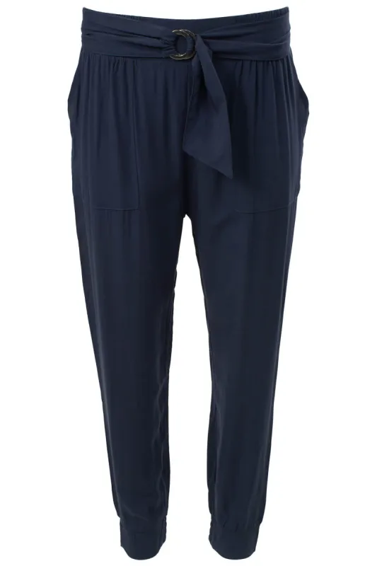 Belted Solid Challis Jogger Pants - Navy sold by Fairweather