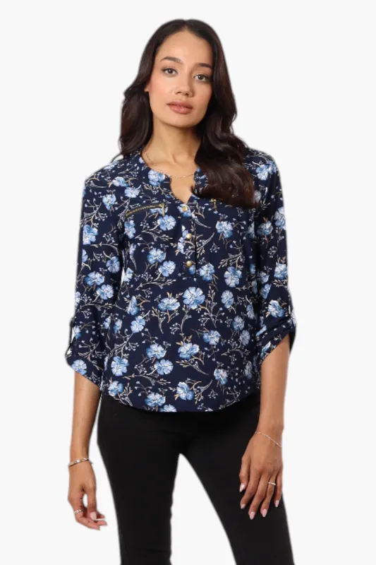 Beechers Brook Floral Henley Roll Up Sleeve Shirt - Navy sold by Fairweather