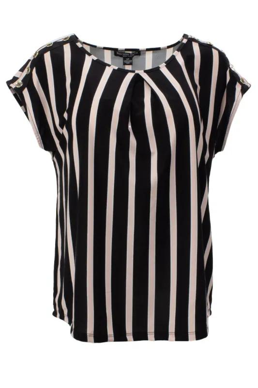 Striped Button Shoulder Tee - Black sold by Fairweather