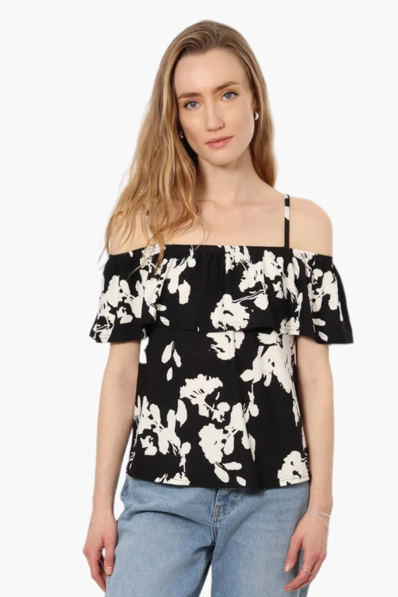 Beechers Brook Floral Pattern Flounce Tank Top - Black sold by Fairweather