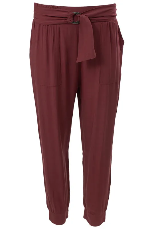 Belted Solid Challis Jogger Pants - Burgundy sold by Fairweather
