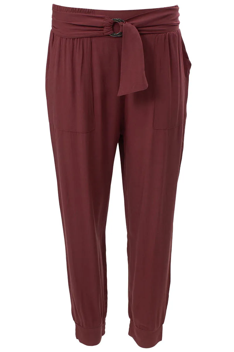 Belted Solid Challis Jogger Pants - Burgundy sold by Fairweather