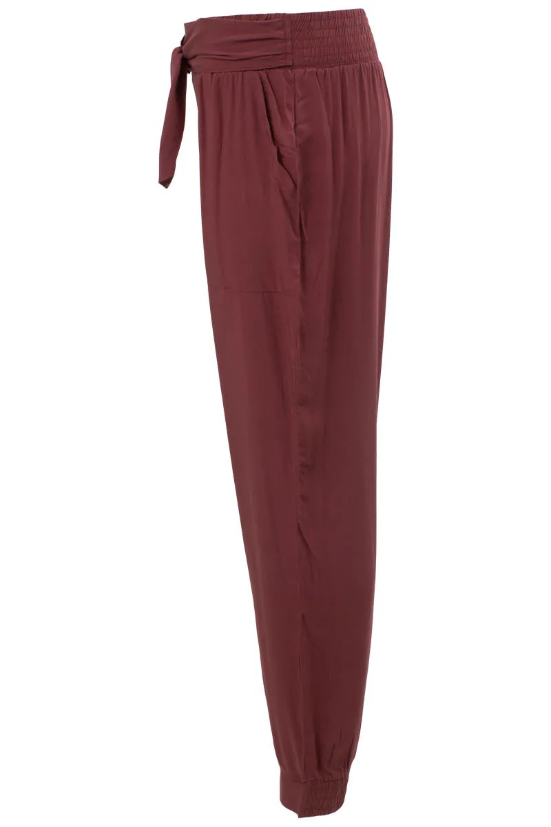 Belted Solid Challis Jogger Pants - Burgundy sold by Fairweather product image thumbnail 2